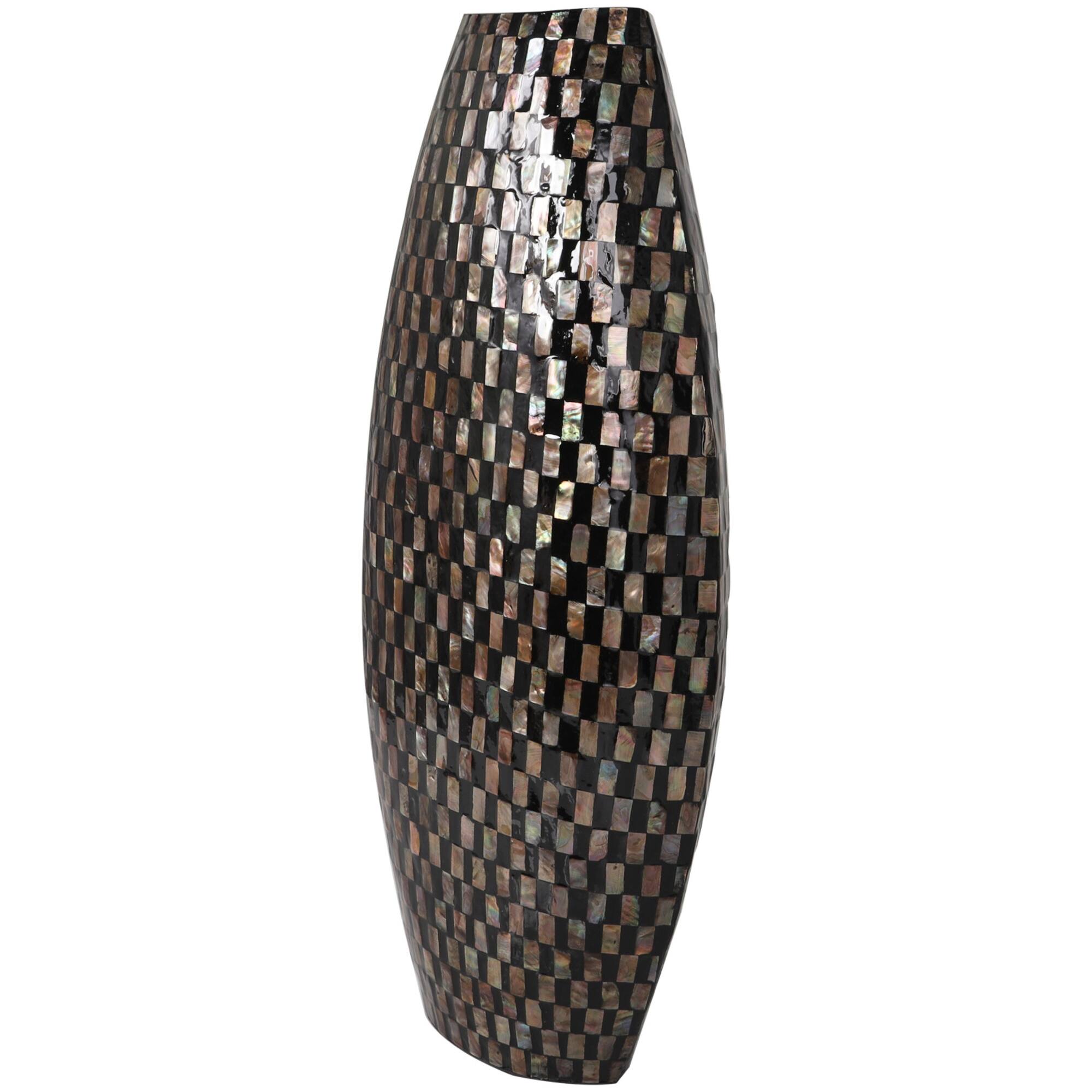 24" Black Mother of Pearl Handmade Geometric Mosaic Inspired Thin Vase